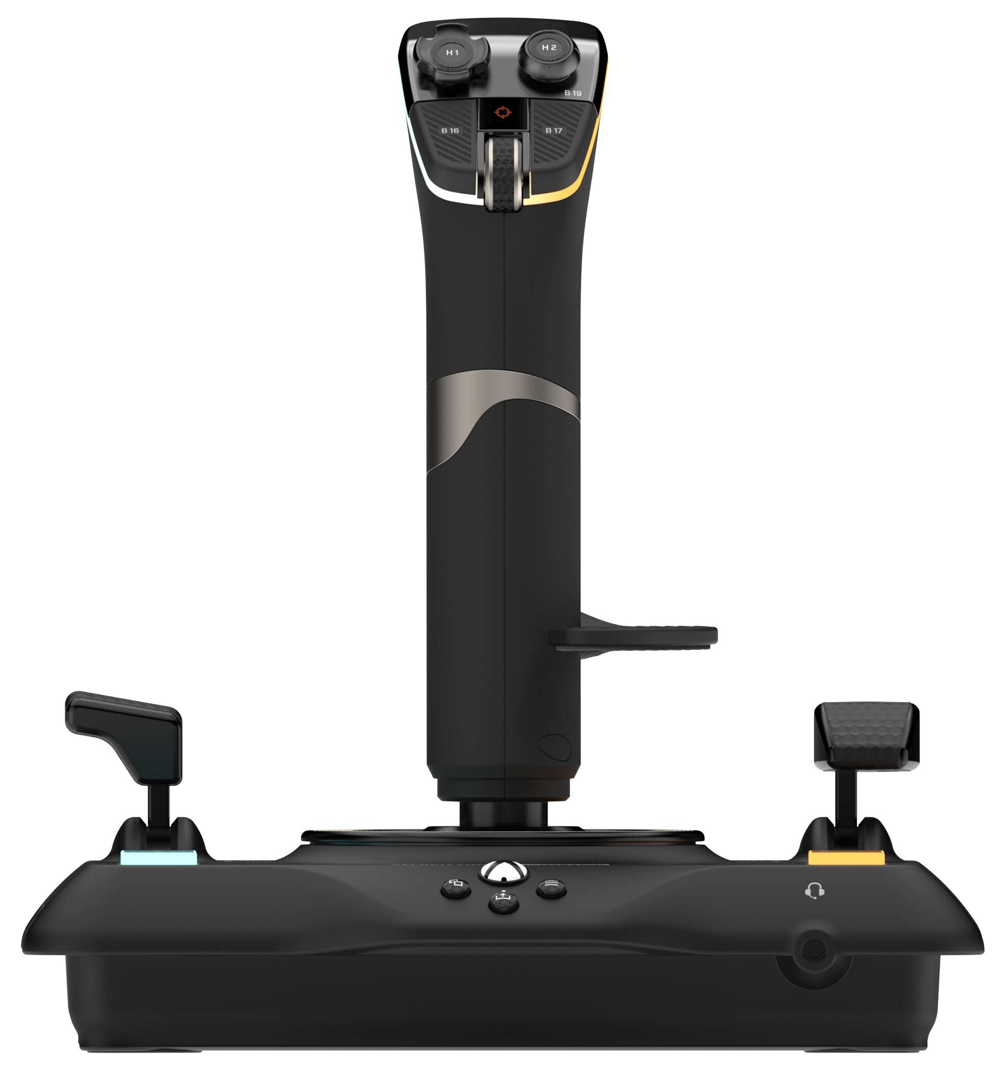 Czarny joystick z przyciskami i podstawą, przeznaczony do gier, na białym tle.