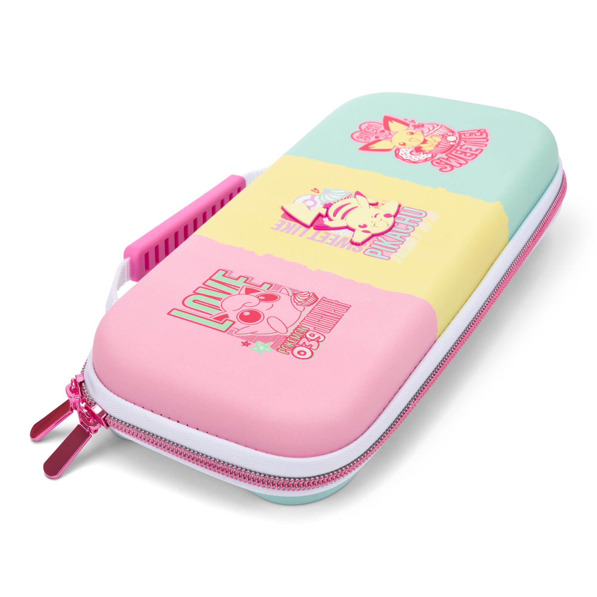 Wielokolorowe piórnik z ilustracjami Pikachu.