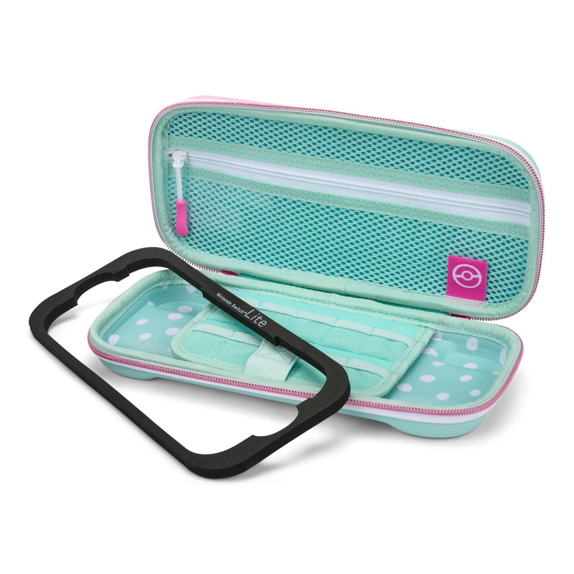 Otwarty futerał Nintendo Switch Lite z czarną ramką i turkusowym wnętrzem, białe kropki.
