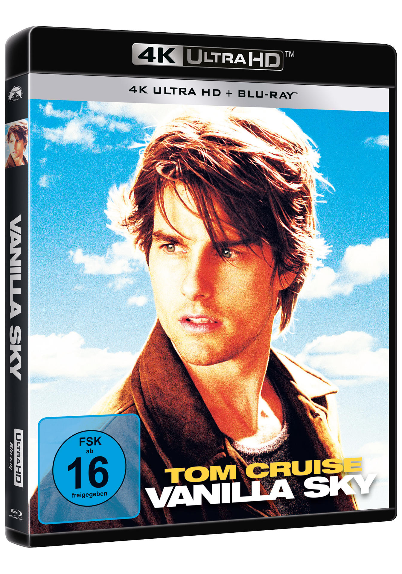 Ein Filmcover von 'Vanilla Sky' mit Tom Cruise und blauem Himmel im Hintergrund.