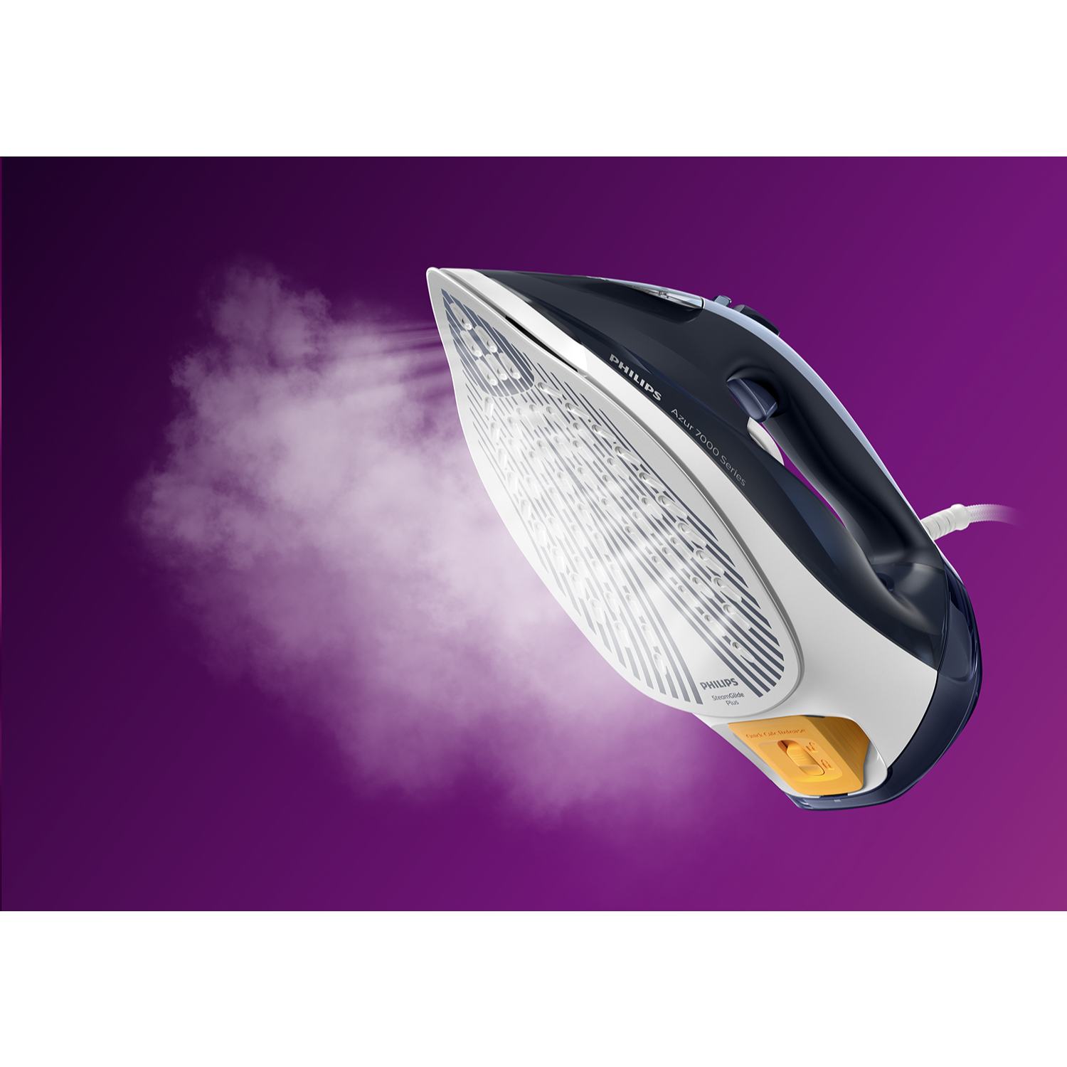 Ironing machine with steam coming out. It is white with black and purple background.