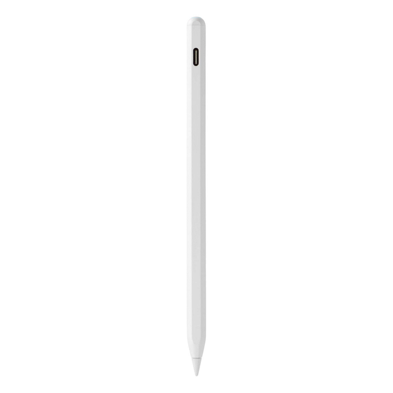 A white Apple Pencil against a black background. The pencil is vertical, with the tip pointing down.