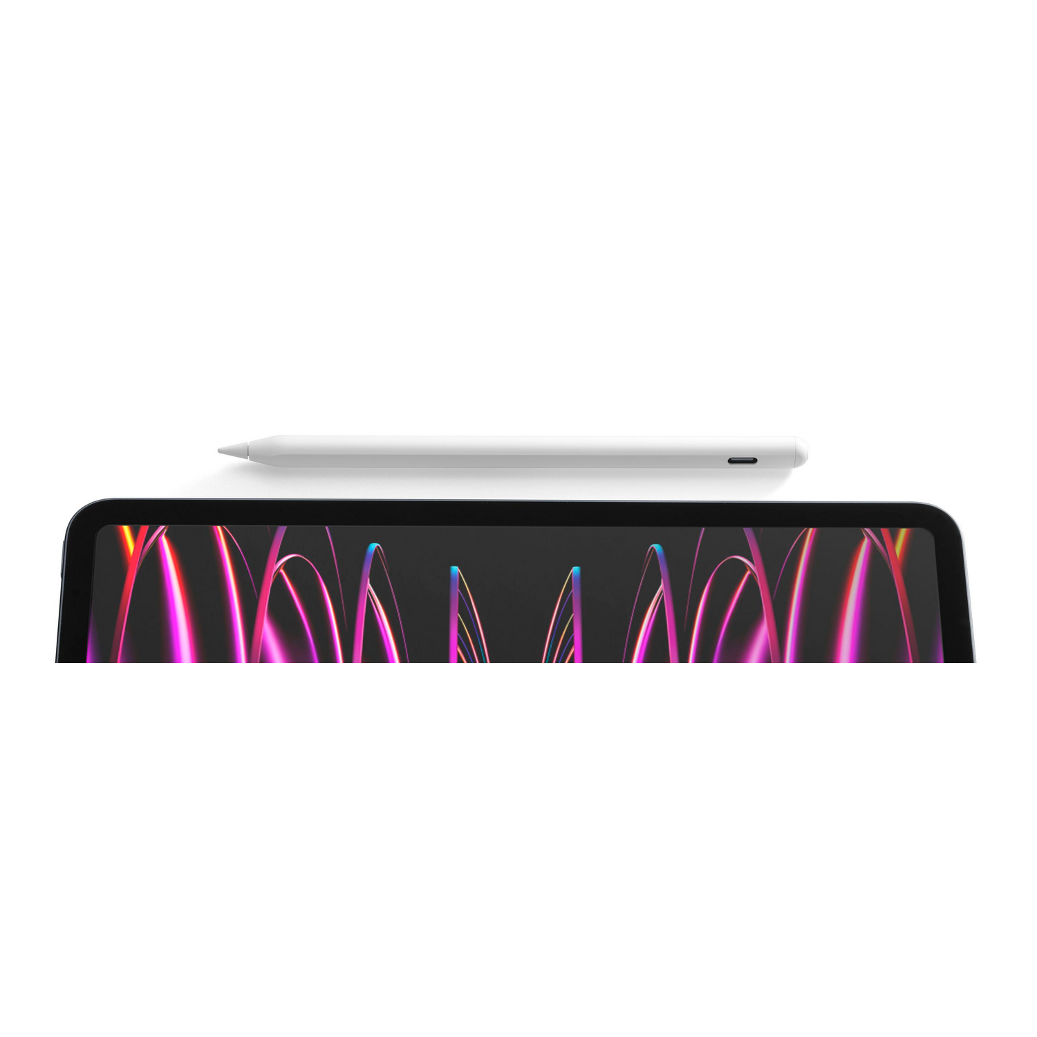 An iPad Pro with a white pencil on top, showing bright colors.
