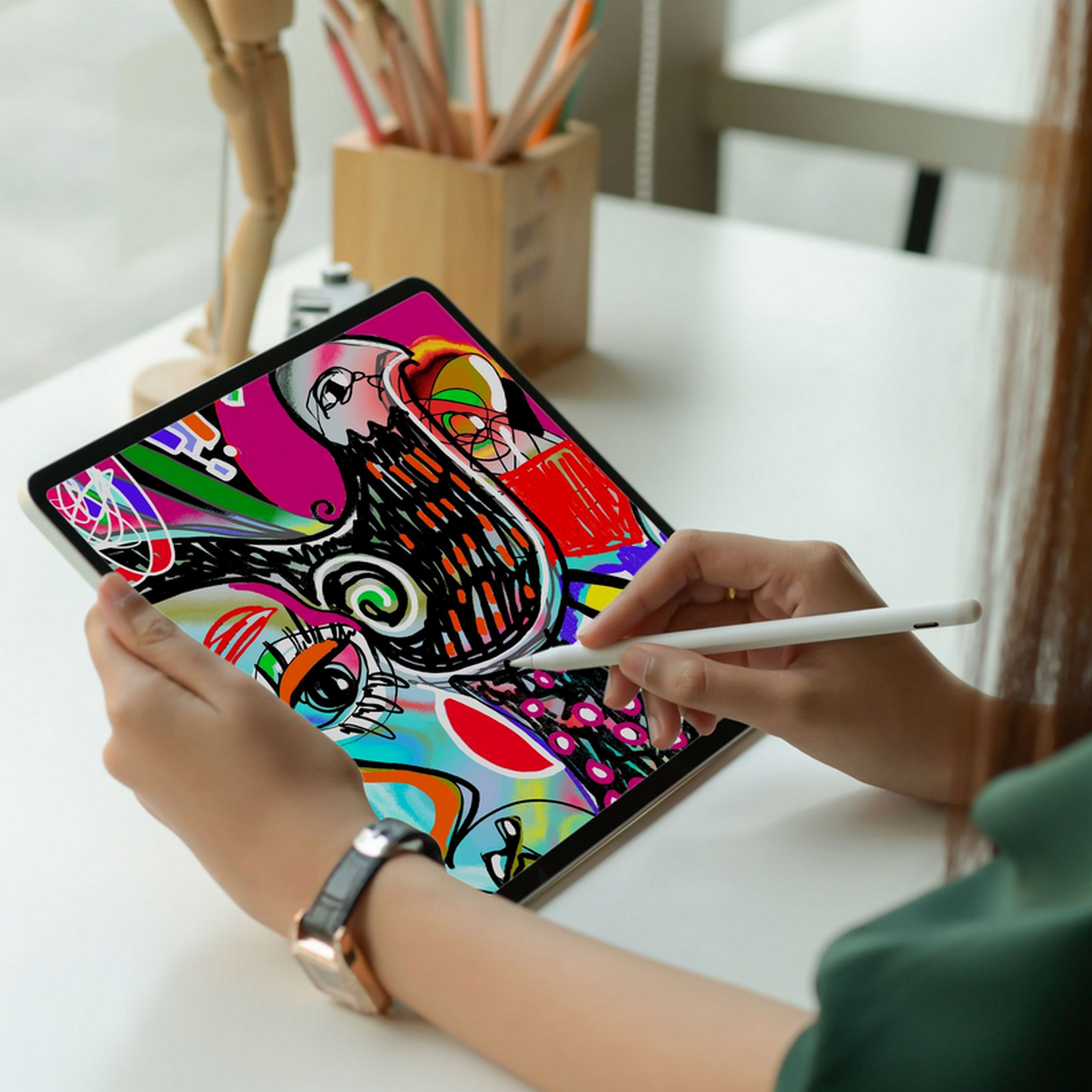 Person drawing on a tablet with a stylus. Bright colorful artwork on the screen.