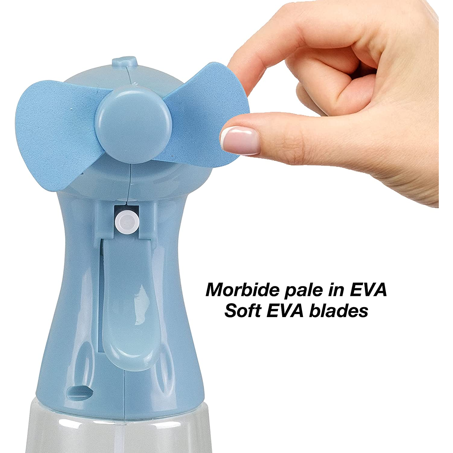 Een hand raakt een kleine blauwe ventilator aan. Tekst: 'Zachte EVA-bladen'.
