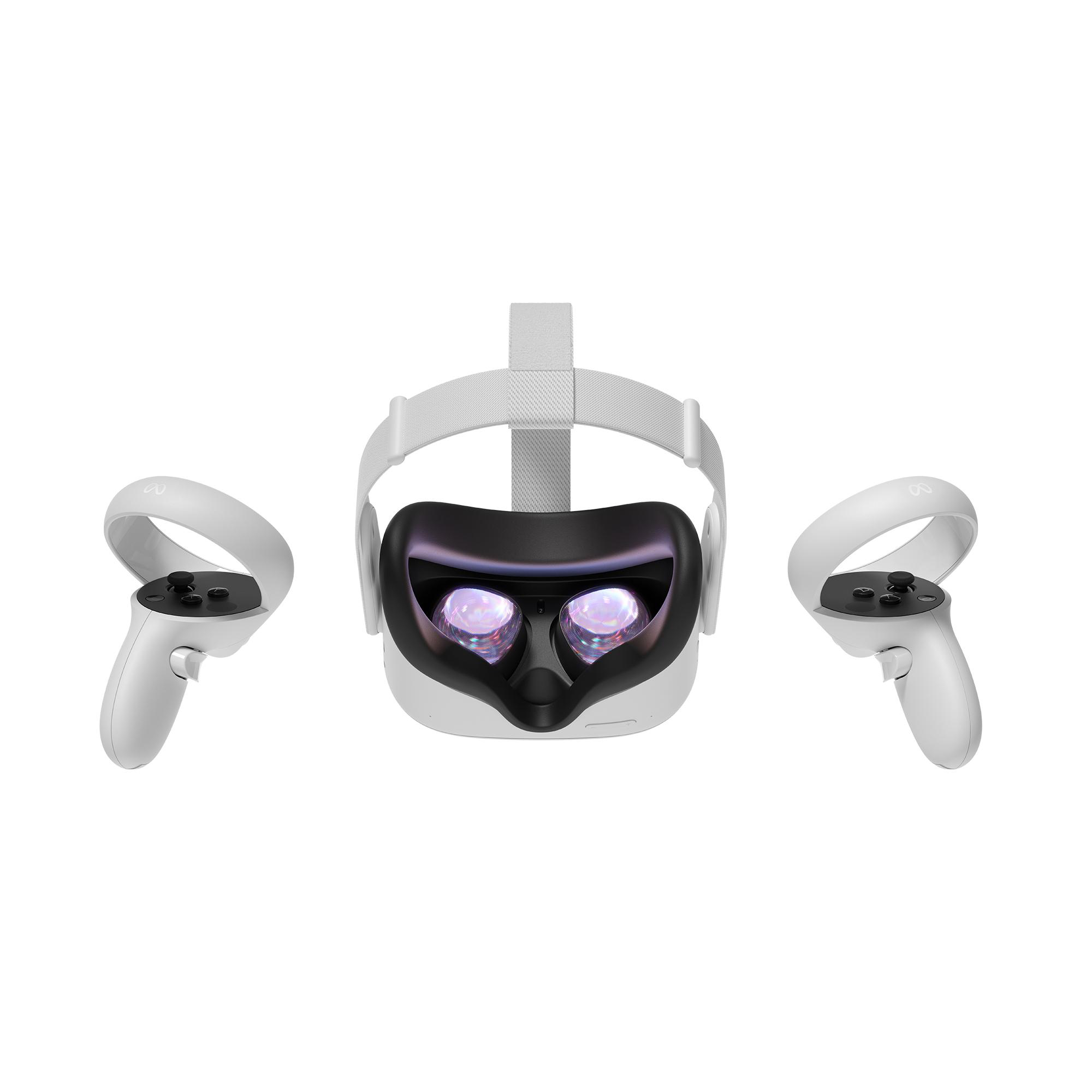 VR-Headset mit zwei Controllern, alles weiß. Headset hat dunkle Innenausstattung.