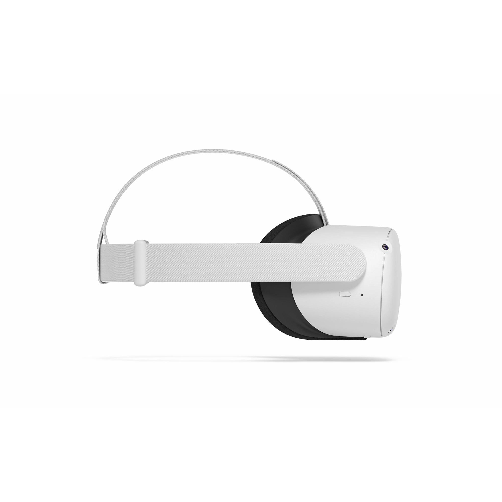 Weißes VR-Headset, schwarze Polsterung, weißes Band, weiße Seite mit kleinen Löchern auf weißem Hintergrund.