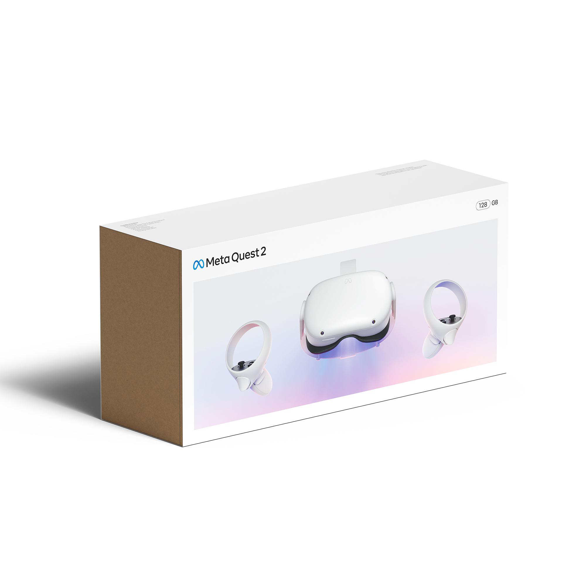 Meta Quest 2 Box, weiß mit Headset und Controllern auf der Vorderseite.