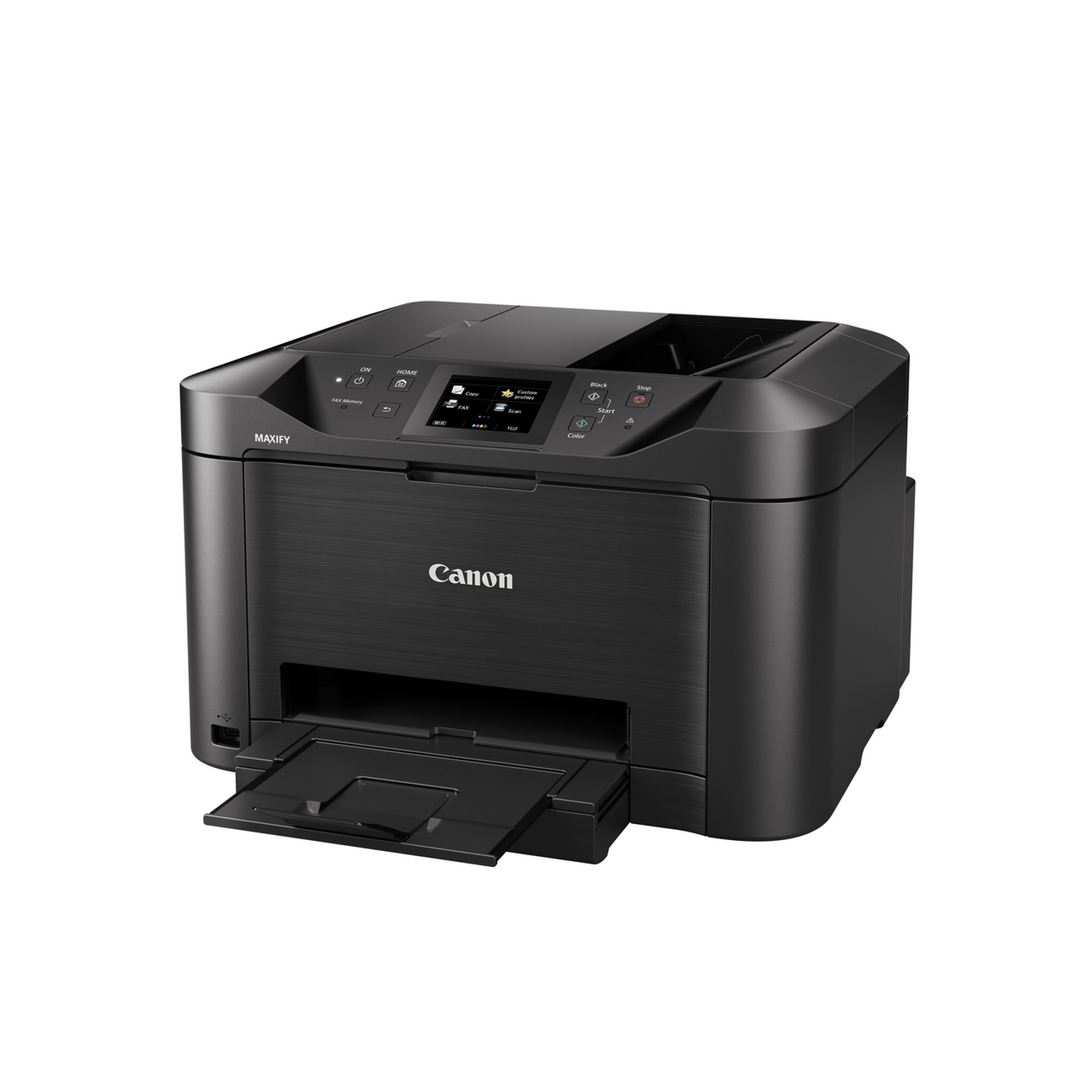 Zwarte Canon-printer met open papierlade, op witte achtergrond.