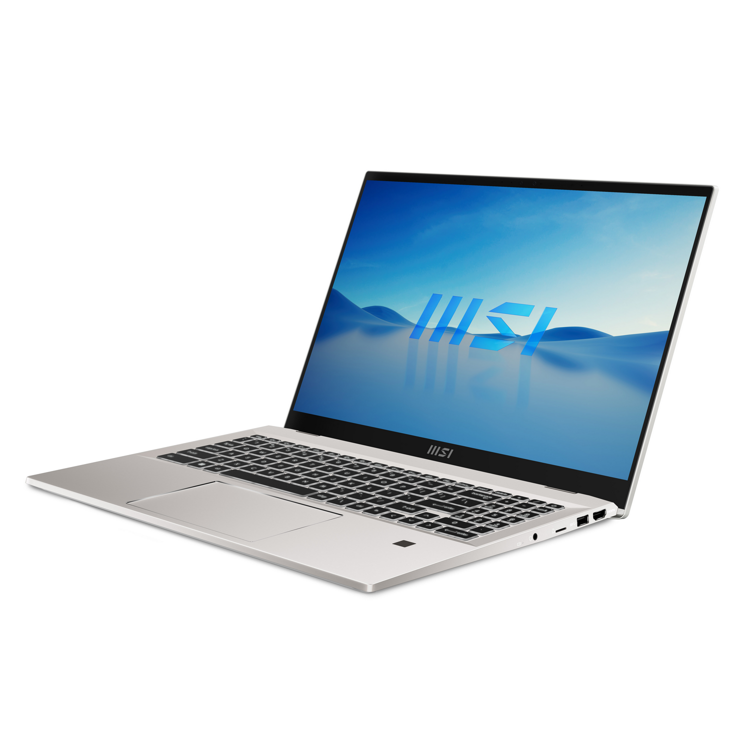 Portátil plateado, vista en ángulo. La pantalla muestra un logotipo azul de MSI.