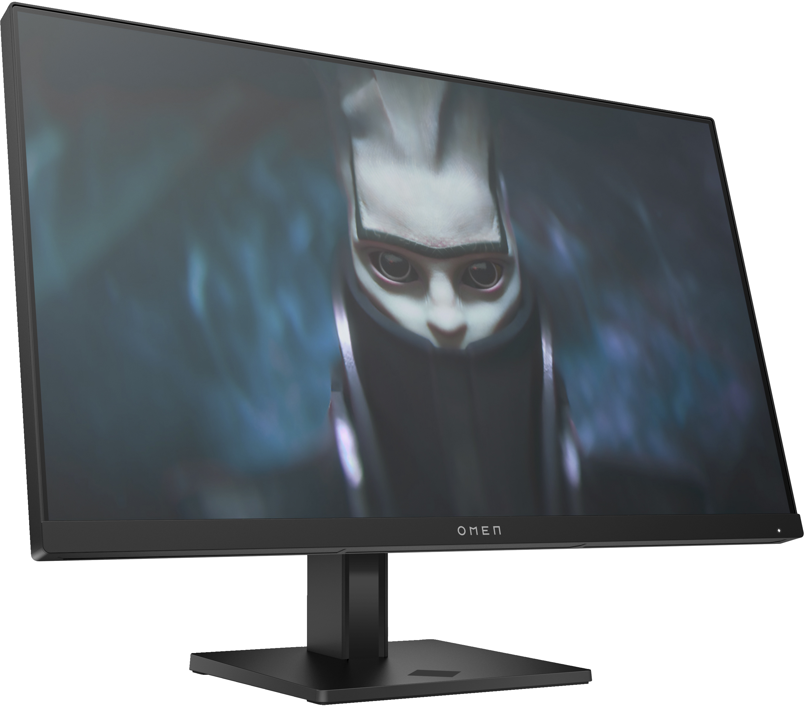 Schwarzer Computermonitor, der eine Figur mit dunkler Kapuze und Augen anzeigt. OMEN-Logo.