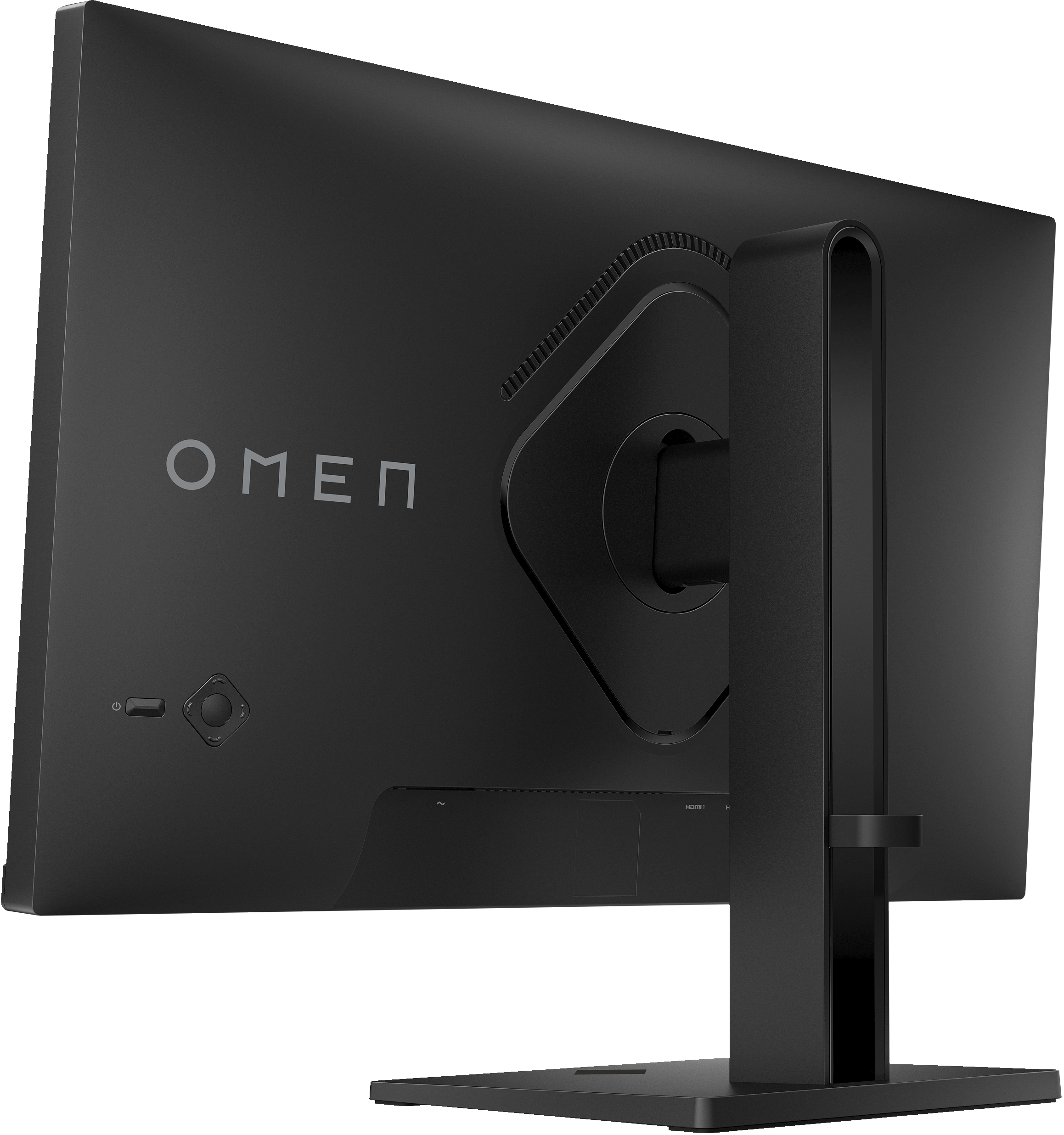 Schwarzer Computermonitor, Rückansicht. OMEN-Logo und Anschlüsse sind sichtbar. Der Monitor steht auf einem Ständer.