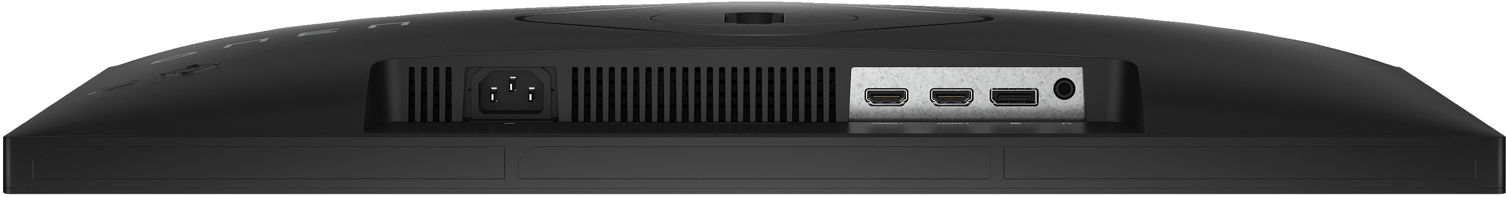 Rückseite des schwarzen Computermonitors mit Anschlüssen und Steckdose.