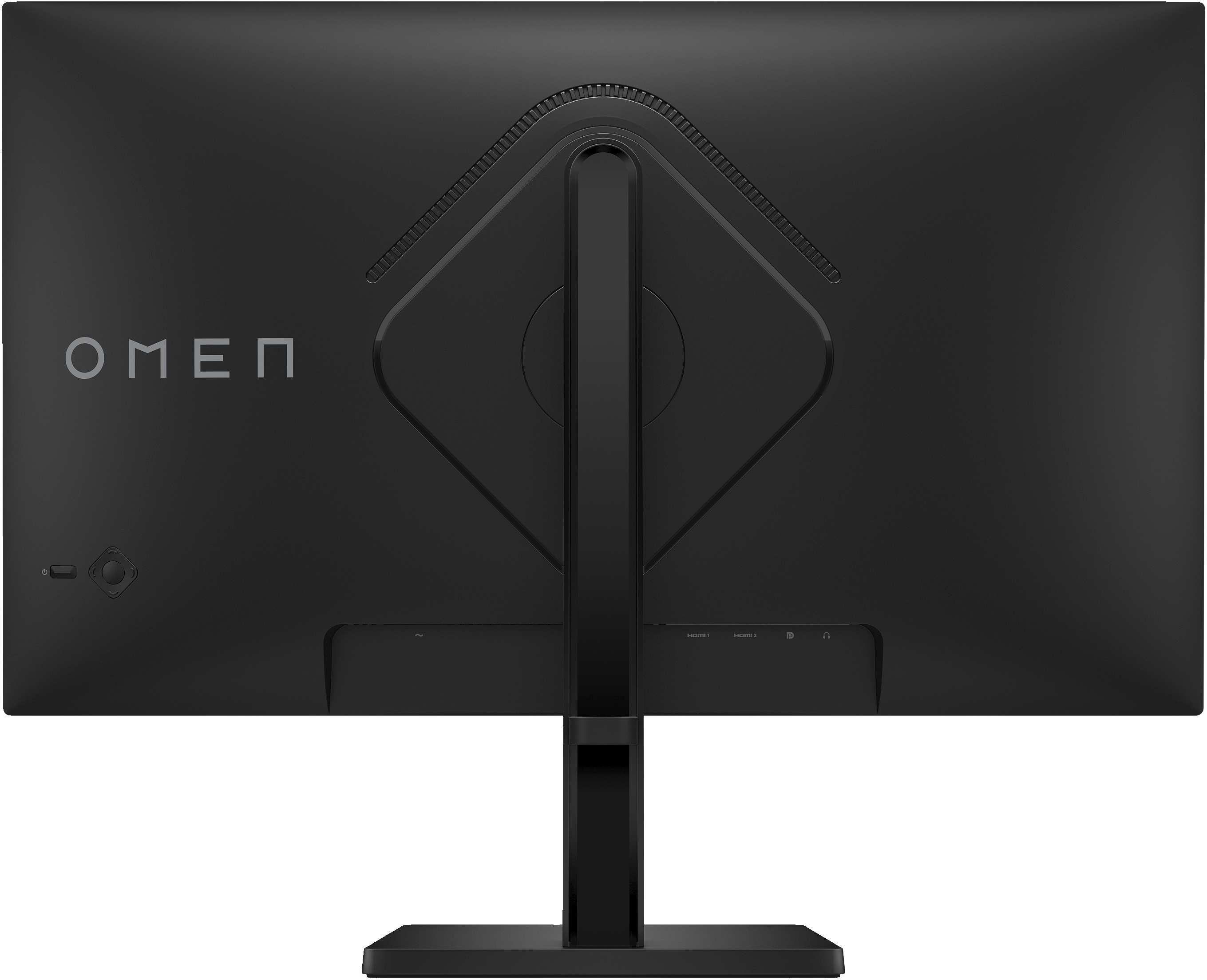 Vue arrière de l'écran OMEN noir. Le pied, les ports et le logo sont visibles, avec des aérations en haut.