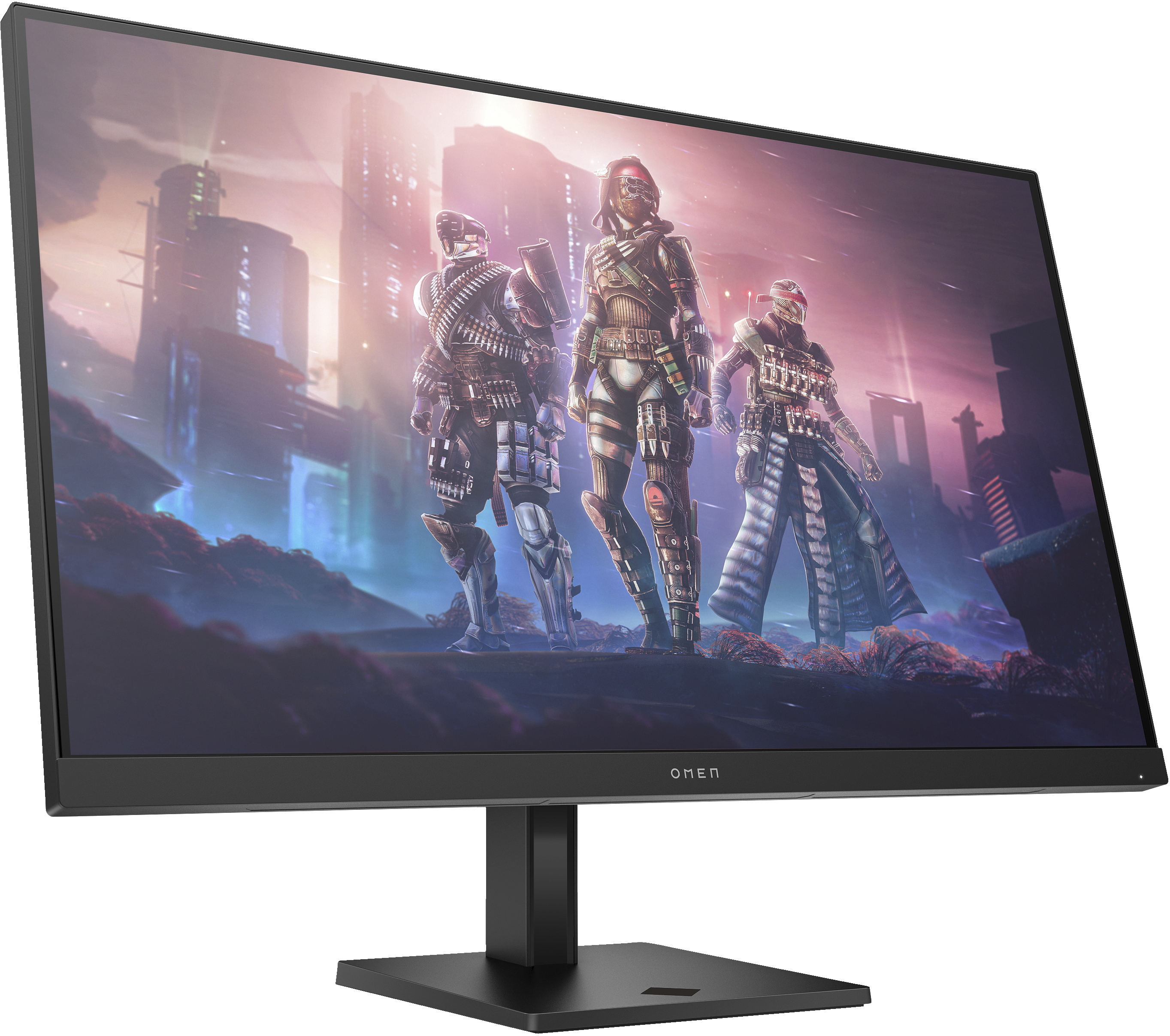 Un moniteur de jeu affichant une scène de bataille futuriste.