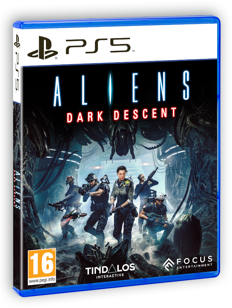 Aliens: Dark Descent PS5 játékborító. Katonafigurákat mutat sötét környezetben. 16+ korhatár.