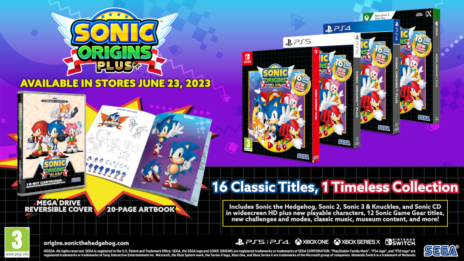 Sonic Origins Plus játékdobozok, artbook és szöveg fehér háttéren.