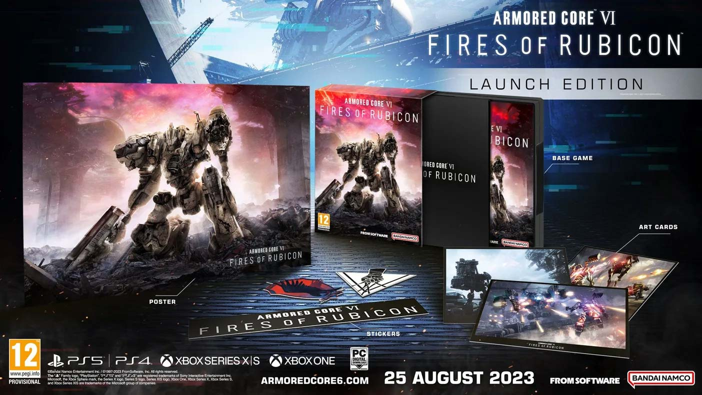 Armored Core VI játékdoboz és kiegészítők, játék részletekkel.