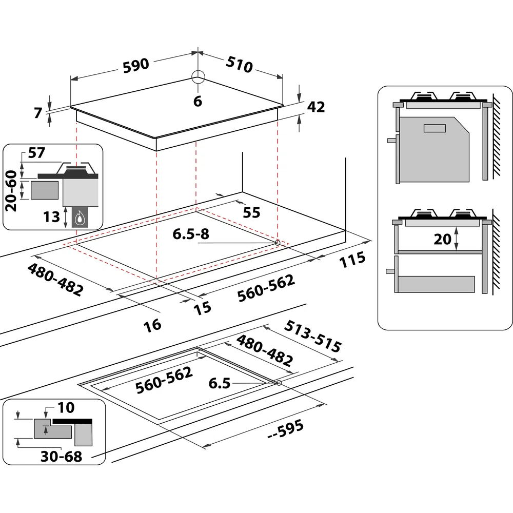 Főzőlap méreteit ábrázoló diagram, milliméterben megadott méretekkel a telepítéshez.