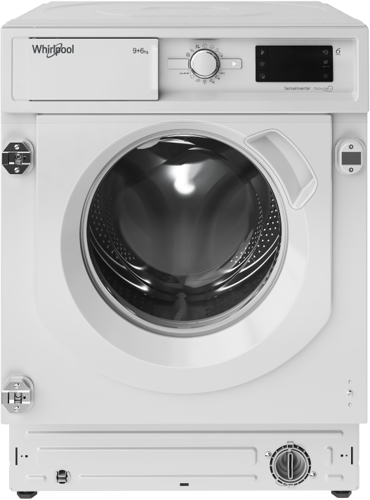 Fehér Whirlpool mosógép kerek ajtóval és több vezérlőpanellel.