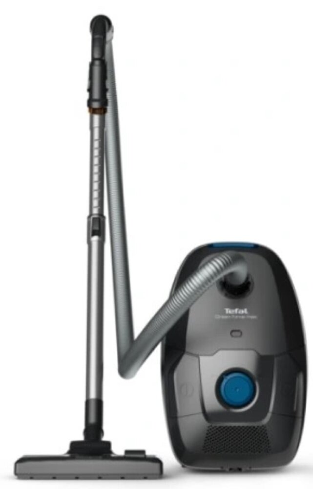 Czarny odkurzacz Tefal. Wąż i głowica czyszcząca są widoczne.