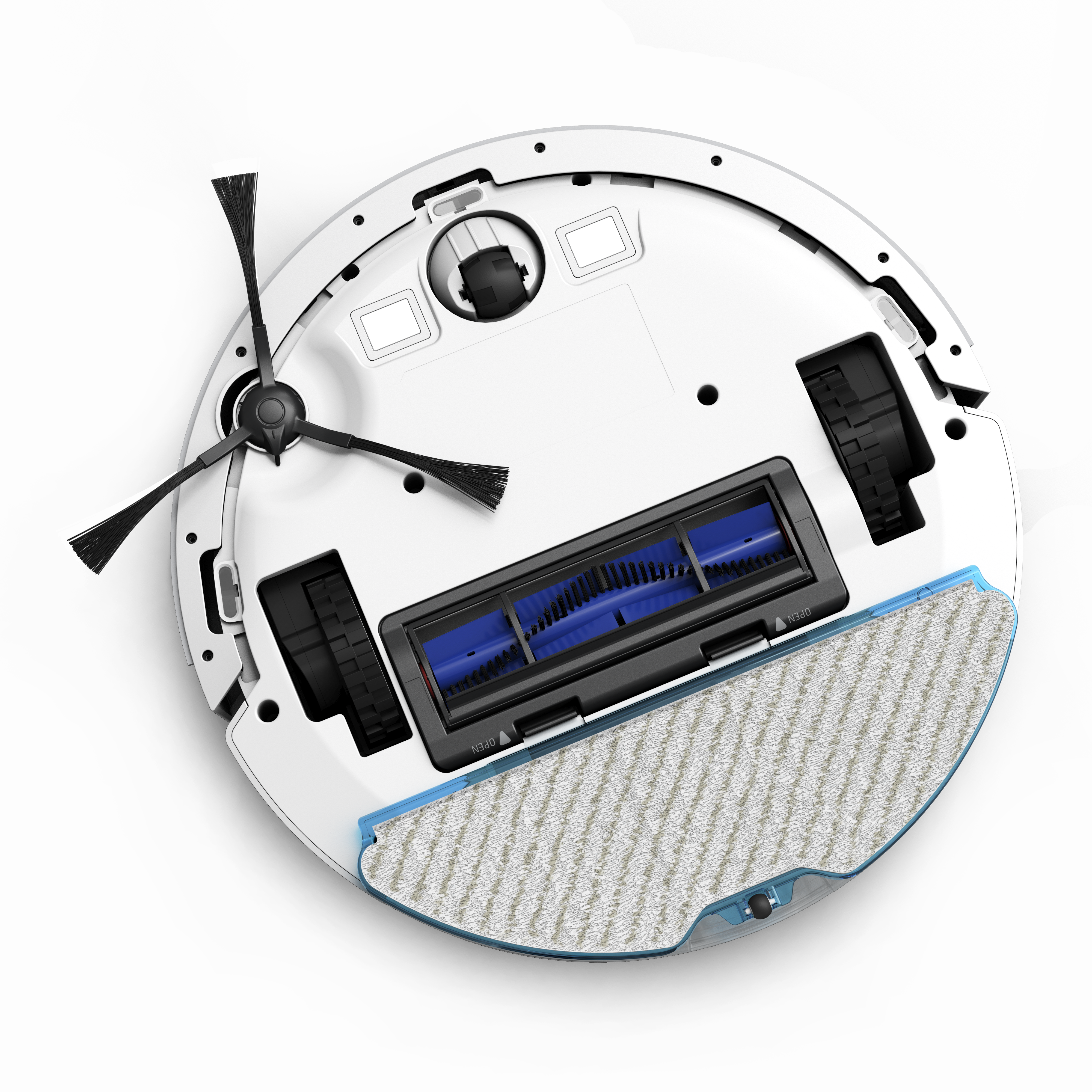Robotporszívó, alsó nézet. Fehér, kék és fekete részletekkel.