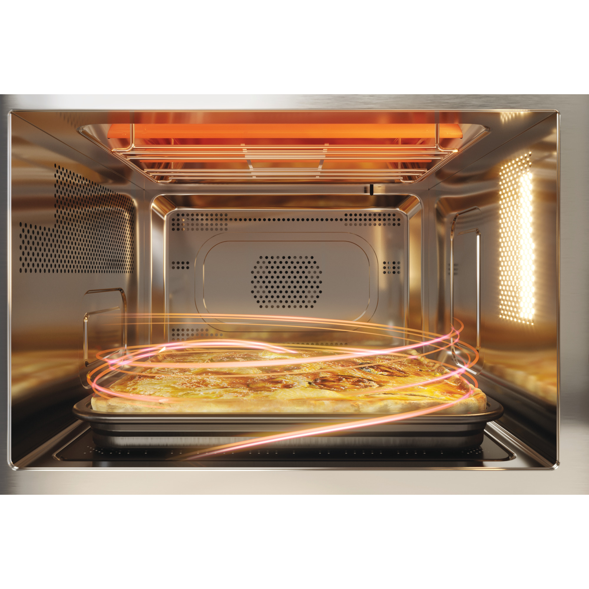 Innenraum eines Mikrowellenherds mit Pizza auf einem Tablett, Heizelemente sichtbar.