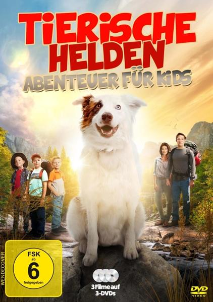 DVD-Cover mit einem Hund auf einem Felsen, mit Kindern und Erwachsenen, die einen Sonnenuntergang betrachten.