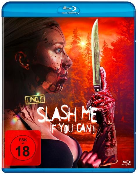 Slash Me If You Can! Filmcover. Eine Frau mit Blut im Gesicht hält ein Messer. Roter Wald im Hintergrund.