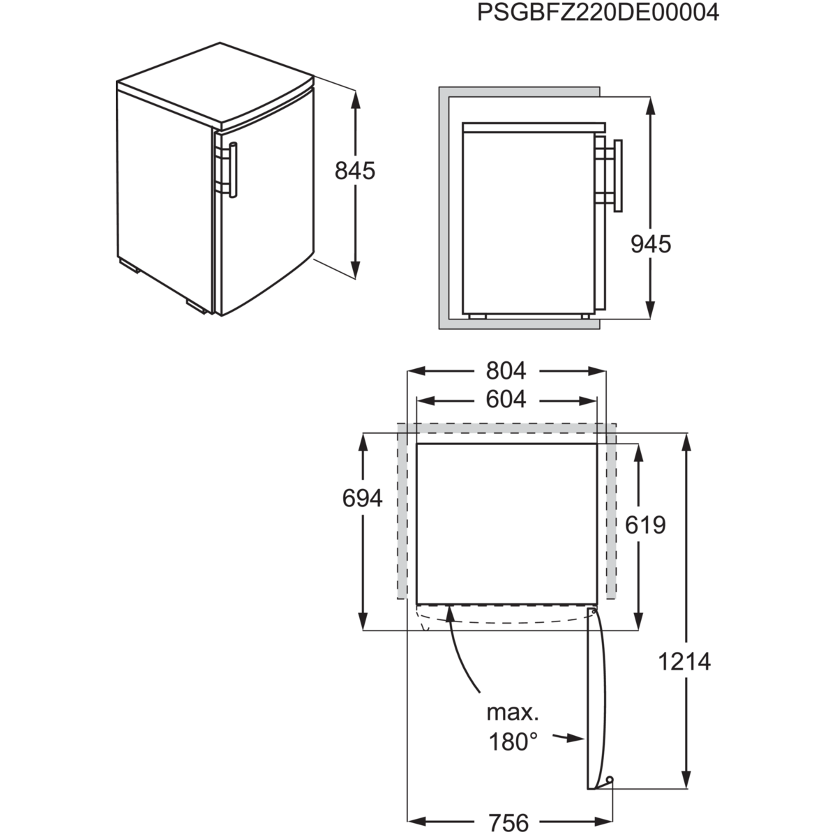 Dessin technique montrant les dimensions d'un réfrigérateur sous différents angles.