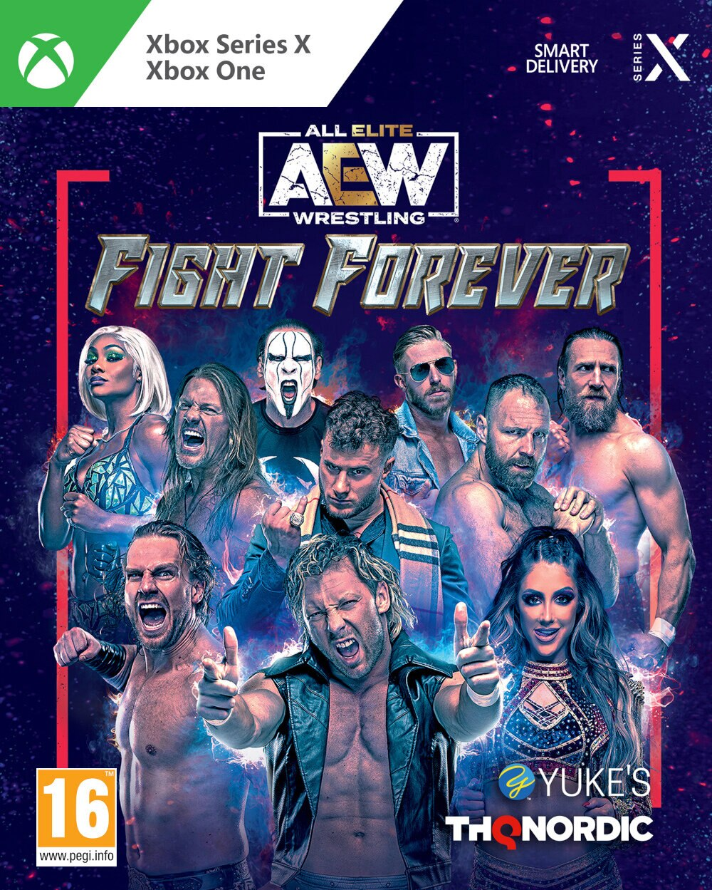 Okładka gry wideo All Elite Wrestling: Fight Forever. Różni zapaśnicy w mrocznym otoczeniu.