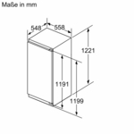 Isometrische Ansicht eines weißen Geräts mit Abmessungen in mm.