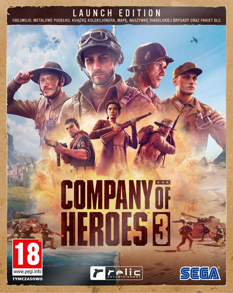 Pudełko gry Company of Heroes 3. Żołnierze z bronią, ogień i scena pustynna.