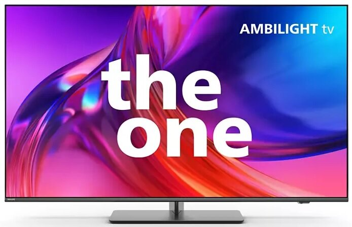 Telewizor Philips Ambilight. Nazwa modelu The One. Wyświetla kolorowy abstrakcyjny wzór.