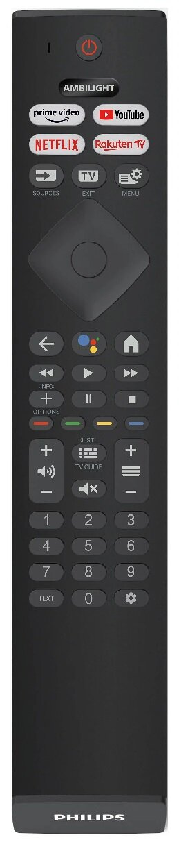 Czarny pilot do telewizora Philips z różnymi przyciskami, w tym ikonami usług strumieniowania.