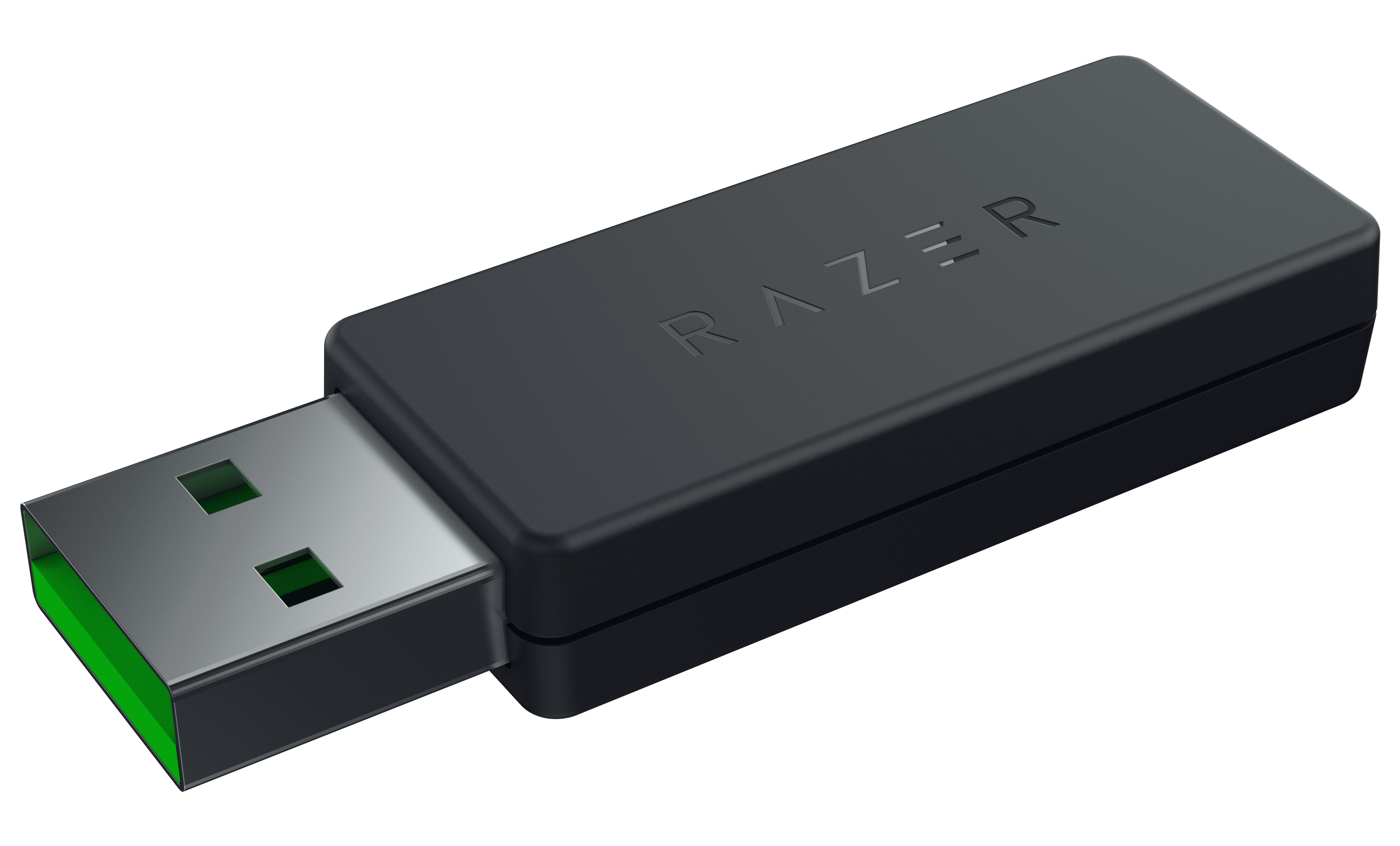 Siyah Razer USB dongle. Razer logosu görünür. USB konektöründe yeşil vurgular.