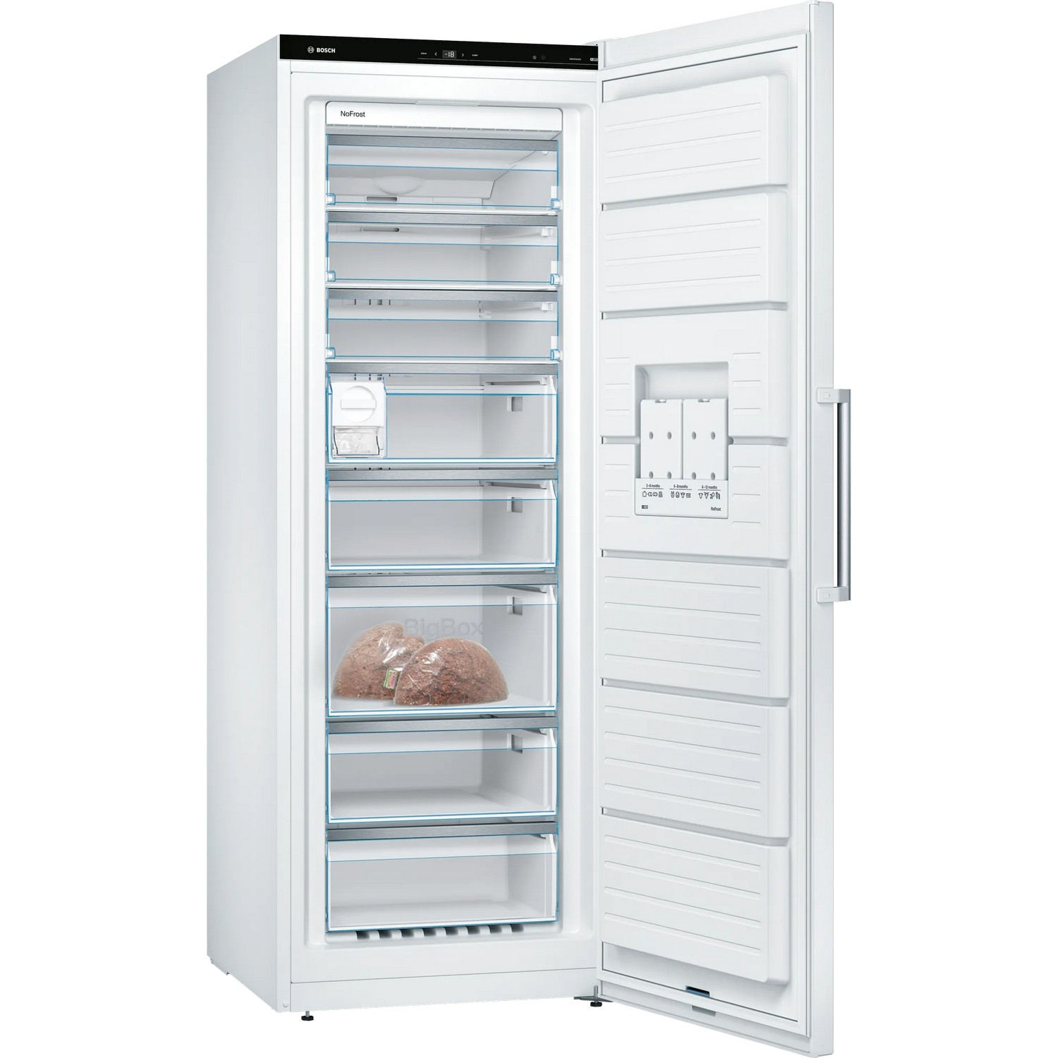 White Bosch refrigerator with open door showing shelves and drawers.