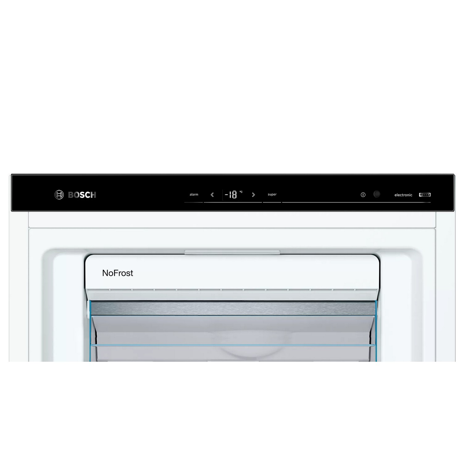 Close-up of a white refrigerator freezer. It has digital display and a bottom drawer open.