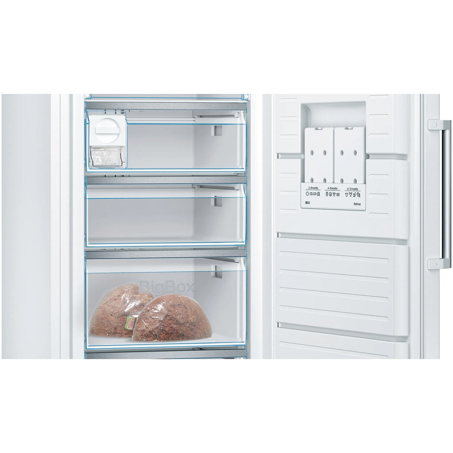 White refrigerator with open freezer. Contains drawers and ice maker. Some food items are visible.