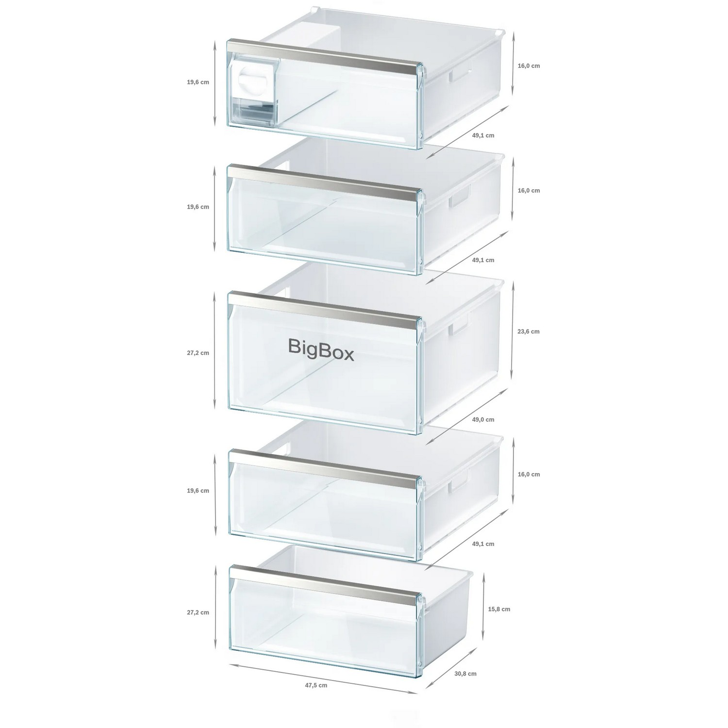 Drawers with dimensions labeled for a refrigerator.