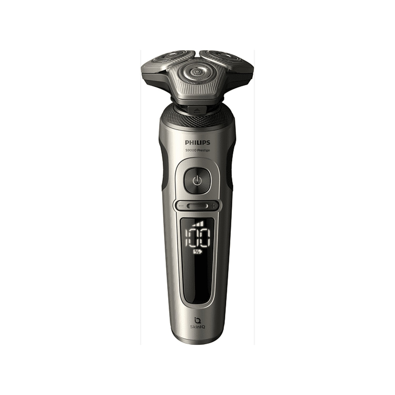 Un rasoir Philips Series 9000 Prestige argent et noir.