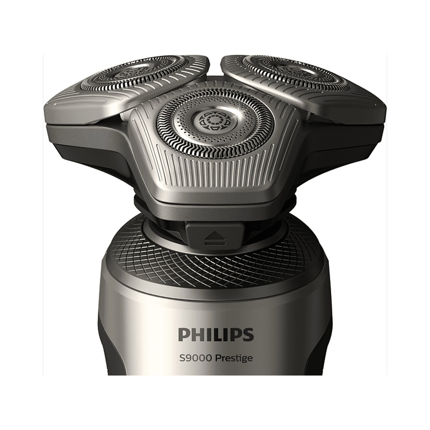 Rasoir électrique Philips S9000 Prestige argenté avec trois têtes rotatives.