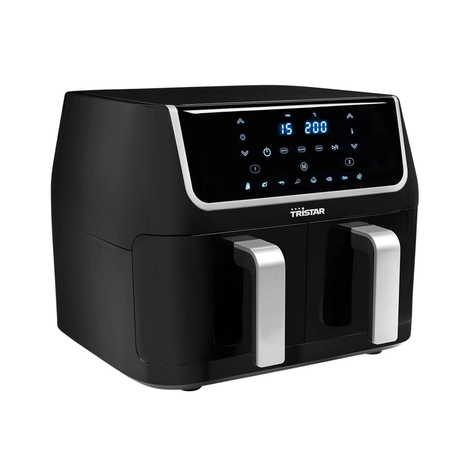 Zwarte airfryer met twee manden. Display toont instellingen. Zilveren handgrepen.