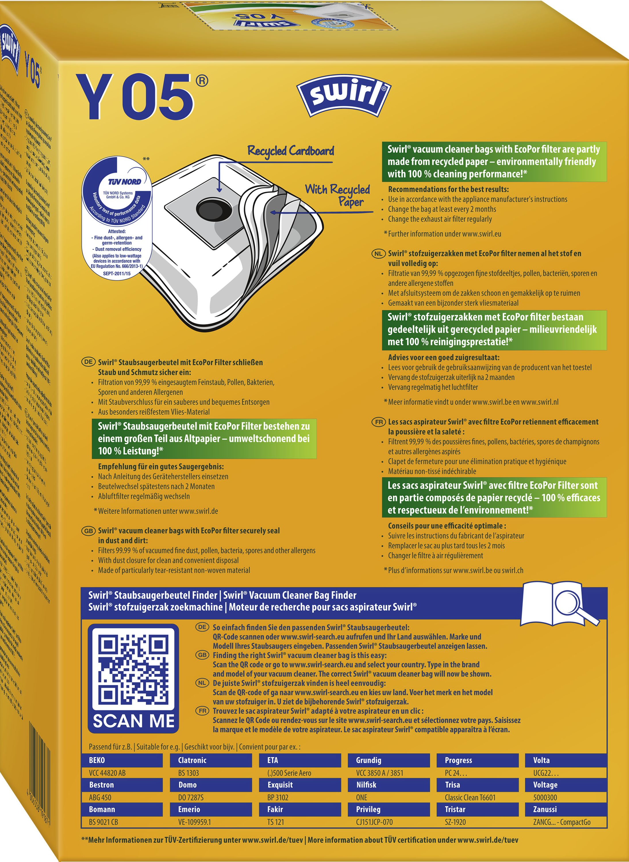 Staubsaugerbeutel-Karton mit 'Swirl'-Marke, zeigt Recycling-Informationen und Produktdetails.