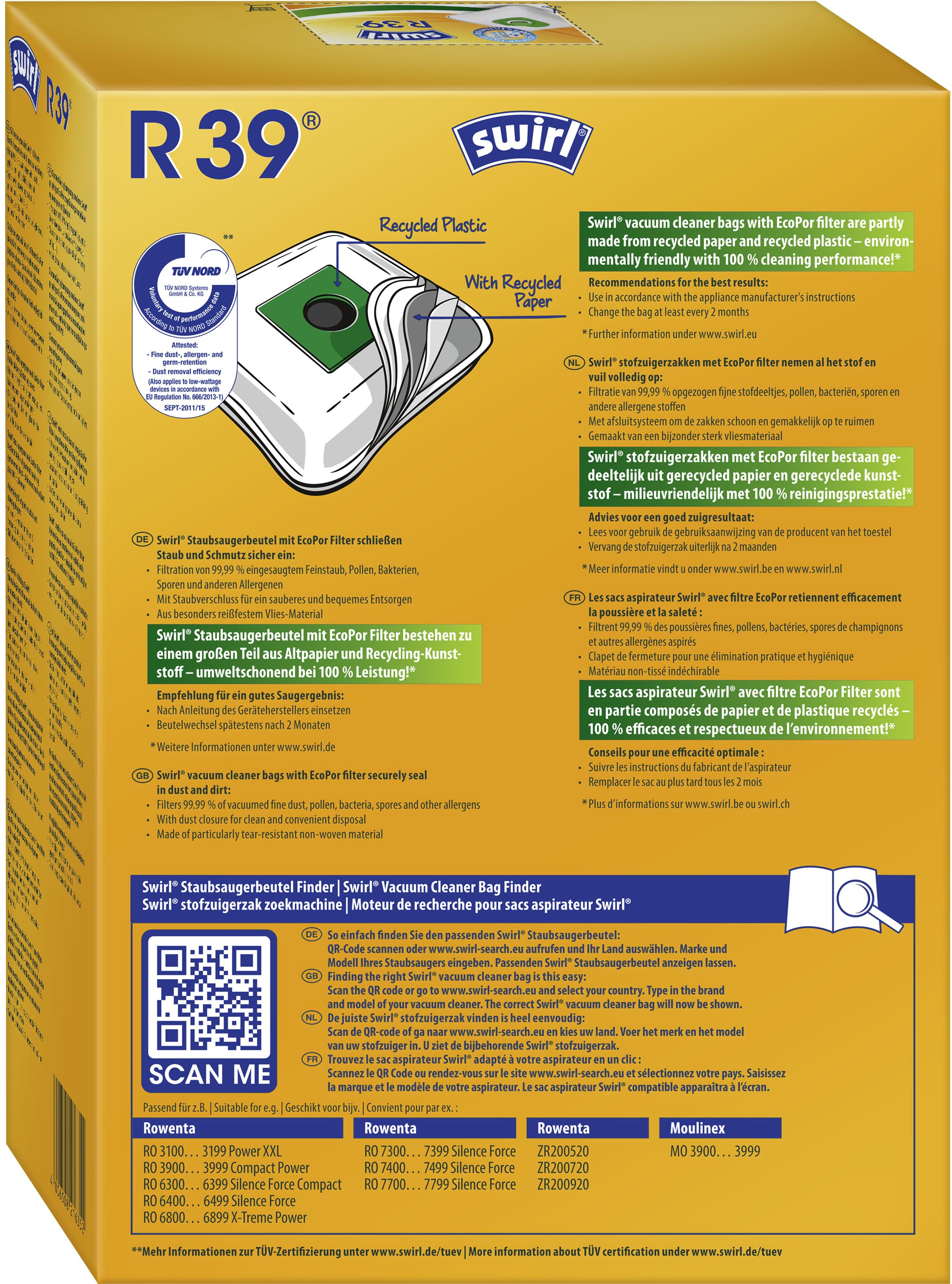 Verpackung für Staubsaugerbeutel mit Text in mehreren Sprachen und einem QR-Code.