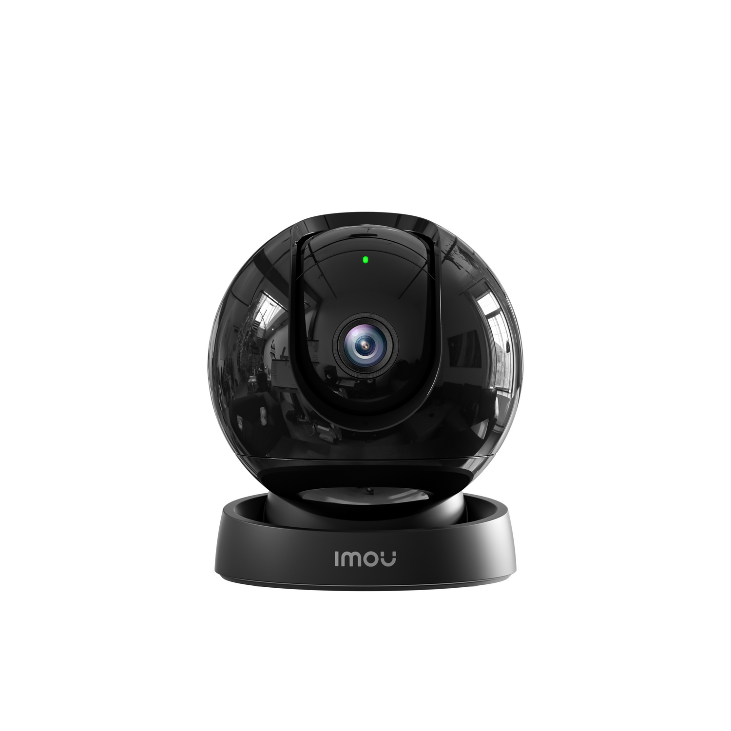 Black spherical security camera on a black base. It has a lens and a green light.