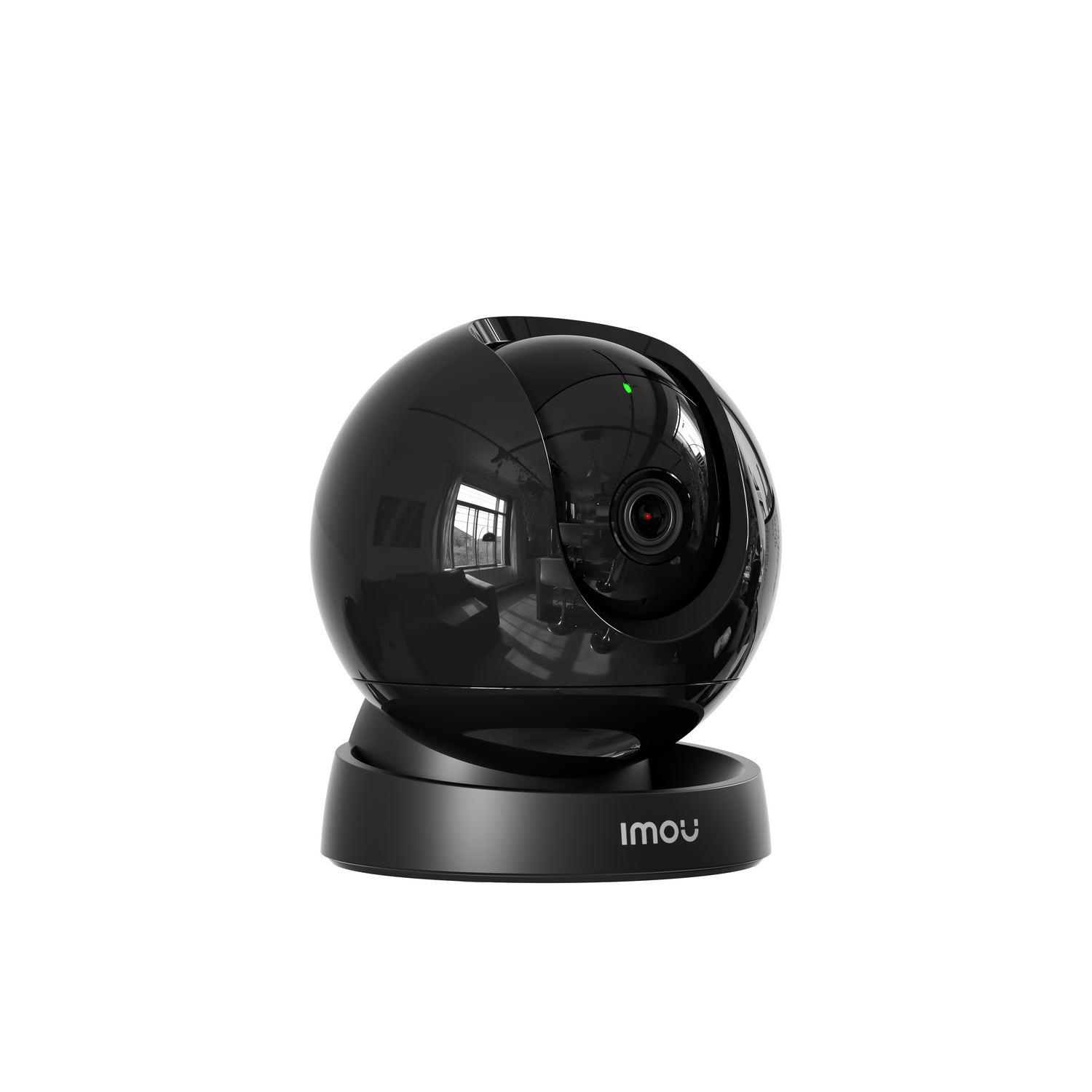 Black security camera with a rounded shape on a black base. The camera lens is visible.