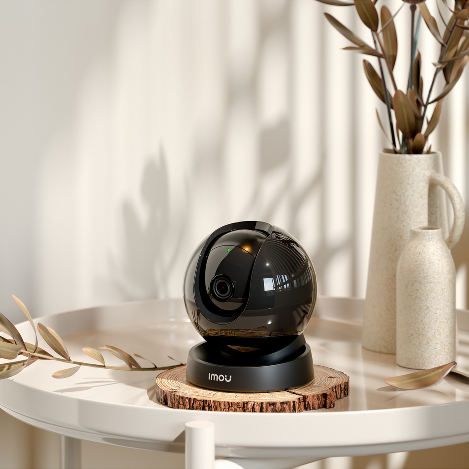 Black, spherical security camera on a wooden stand, in a well-lit, neutral-toned room.