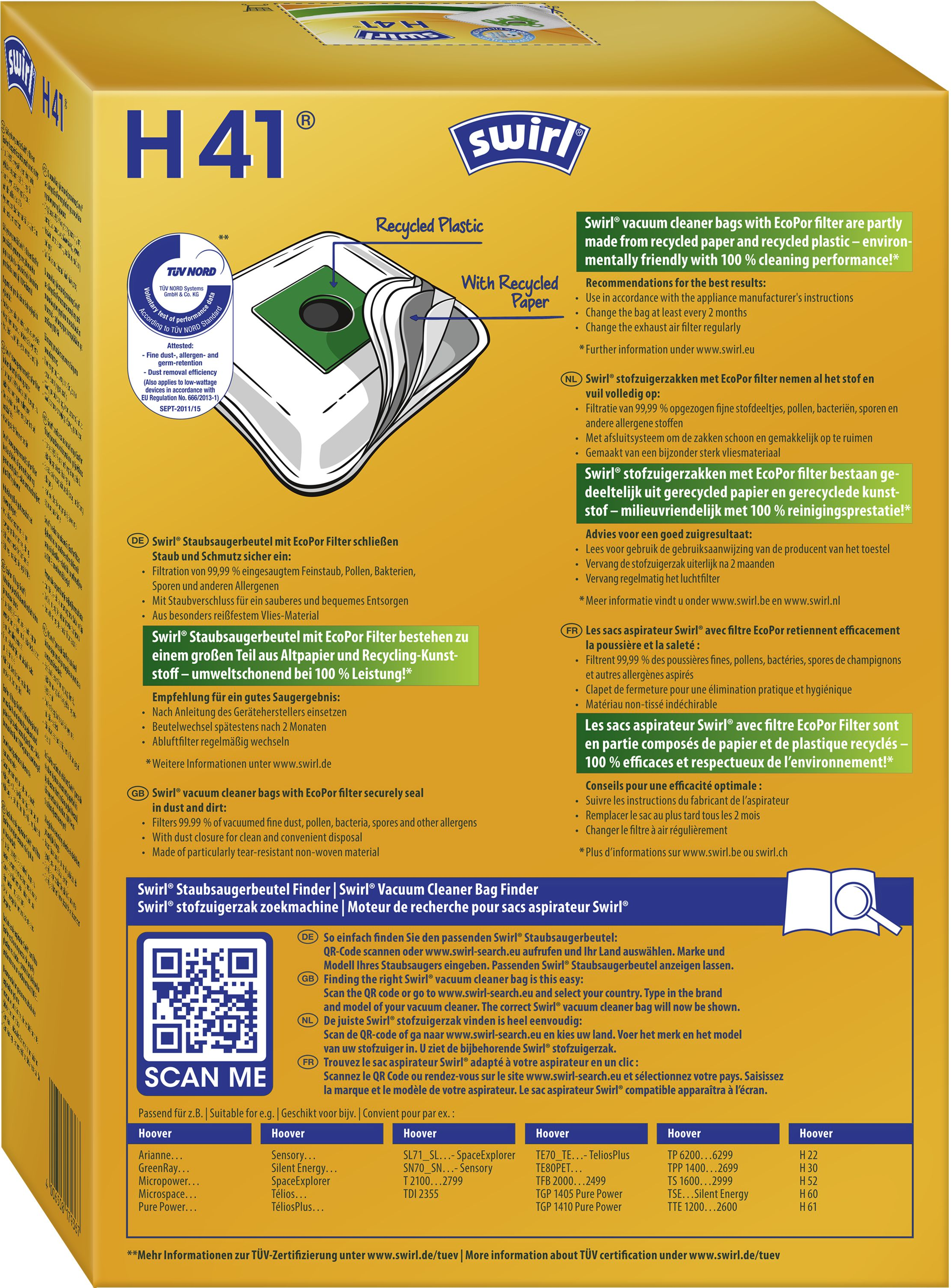 Box mit Produktdetails. Enthält Text in mehreren Sprachen, einen QR-Code und Bilder.