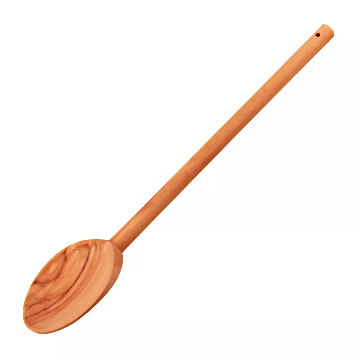 Ein Holzlöffel mit langem Stiel und ovalem Kopf. Er ist hellbraun, mit sichtbarer Holzmaserung, isoliert vor weißem Hintergrund.